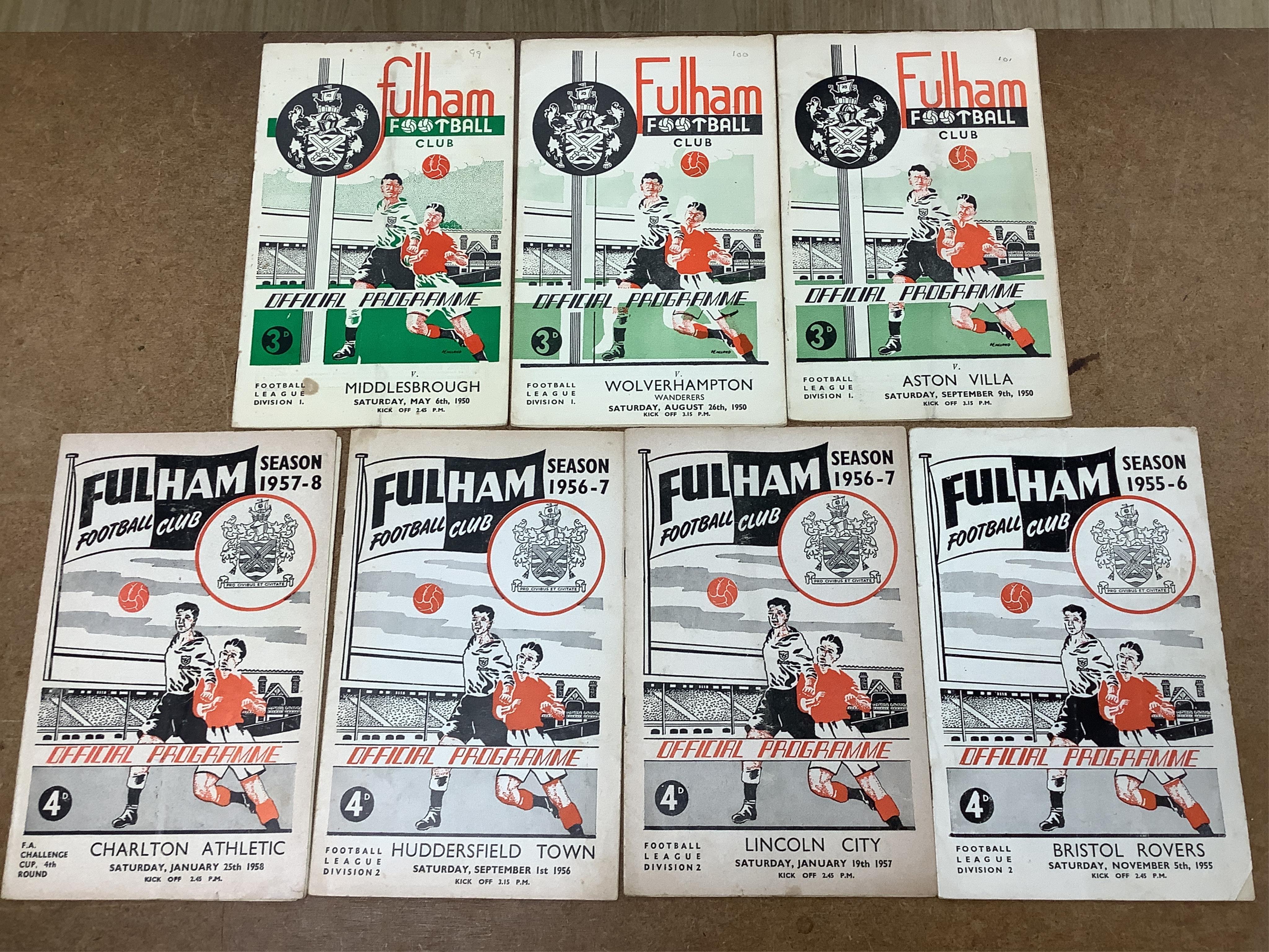 A collection of 1940s-70s football programmes, including Millwall, Fulham, Everton, Newcastle United, Crystal Palace, Leyton orient, Charlton Athletic, Brighton Hove Albion, Leicester City etc.